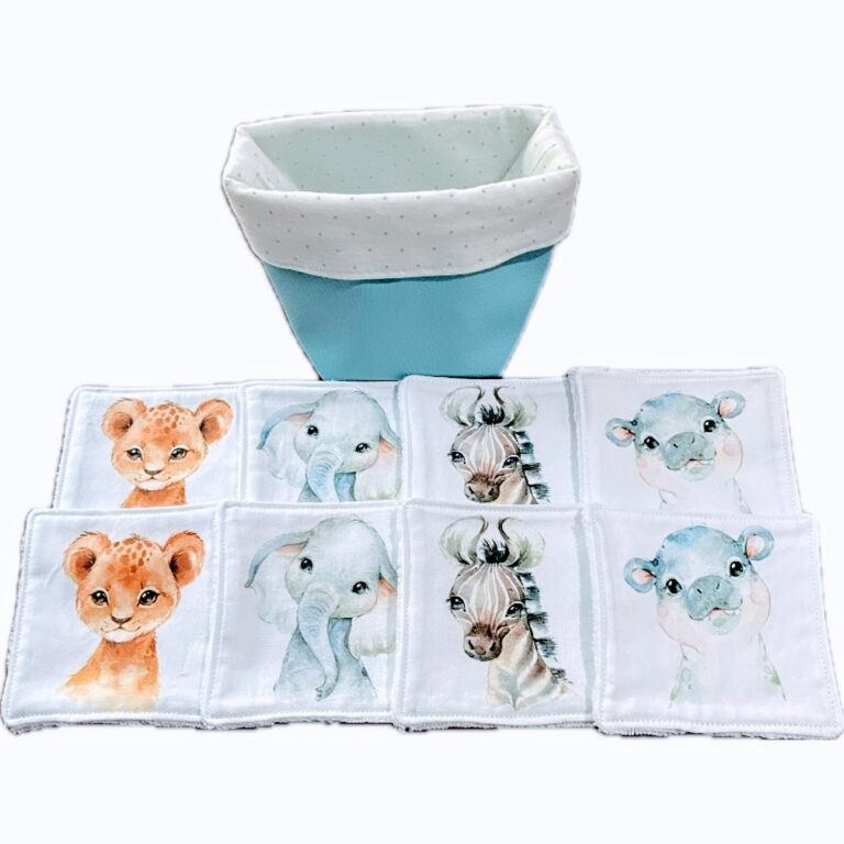 Lot de 8 lingettes bébés de la jungle avec panier de rangement bleu Ref: 181024