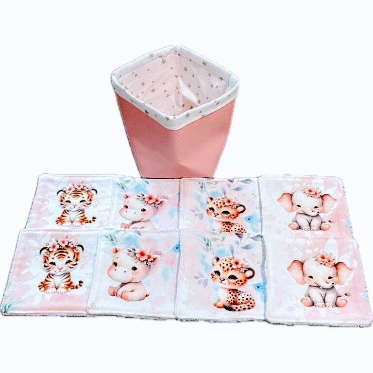 8 lingettes bébés animaux de la jungle avec panier de rangement rose et étoiles Ref: 171024