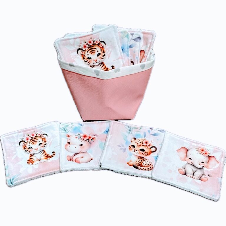 8 lingettes bébés animaux de la jungle avec panier de rangement rose et cœurs Ref: 161024