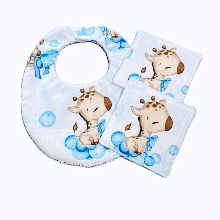 Bavoir bleu bébé girafe dort dans les bulles avec ses 2 lingettes assorties Ref: 41024