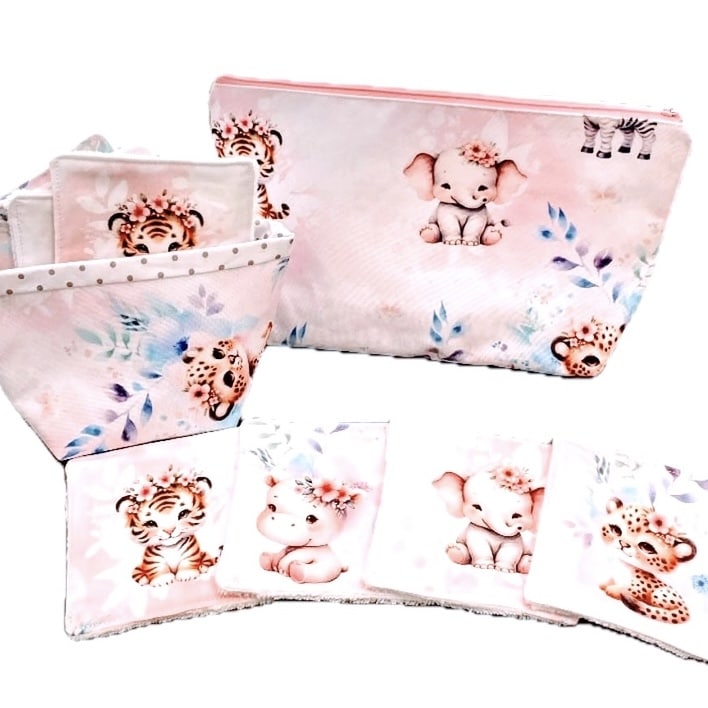 Ensemble trousse de toilette jungle rose et 8 lingettes assorties Ref 130824